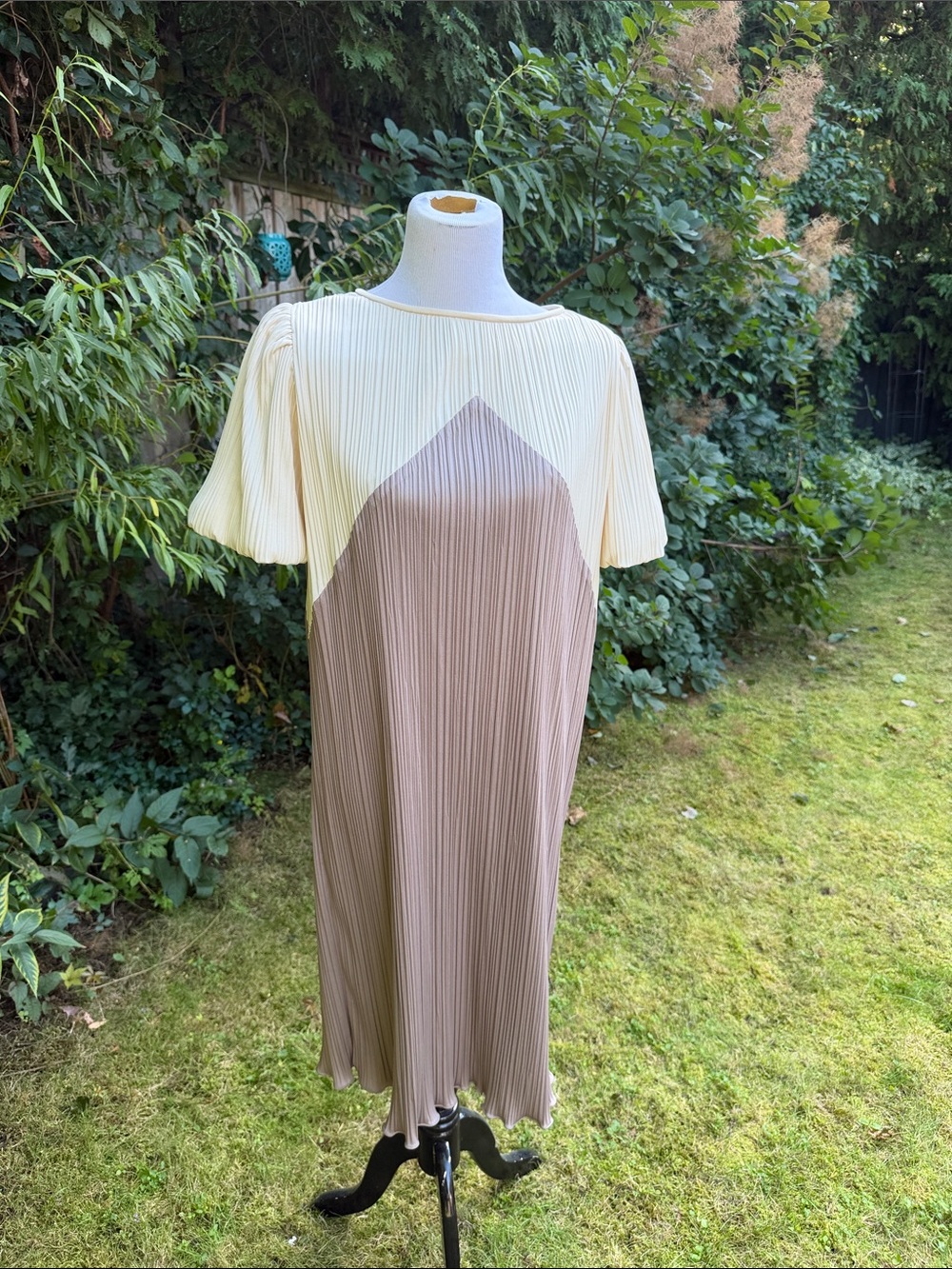 80’s Pleated Two-Tone Midi Dress in Cream and Taupe